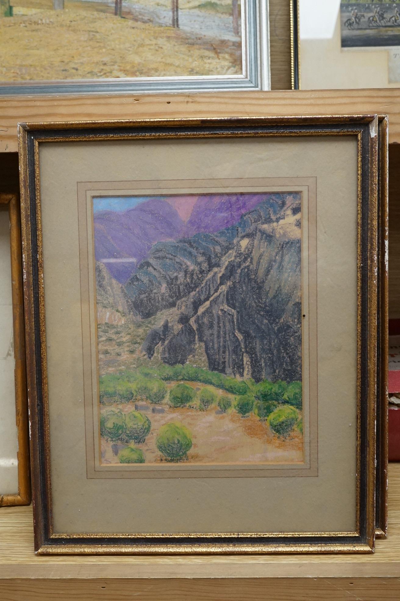 Victorian School, watercolour, Study of a Cornish fisherwoman with a fishing net and two later landscapes pastel landscapes. Condition - fair